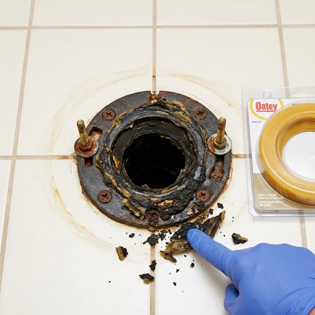 Failed wax ring showing water seepage at the base of a toilet in a Trenton, MO home