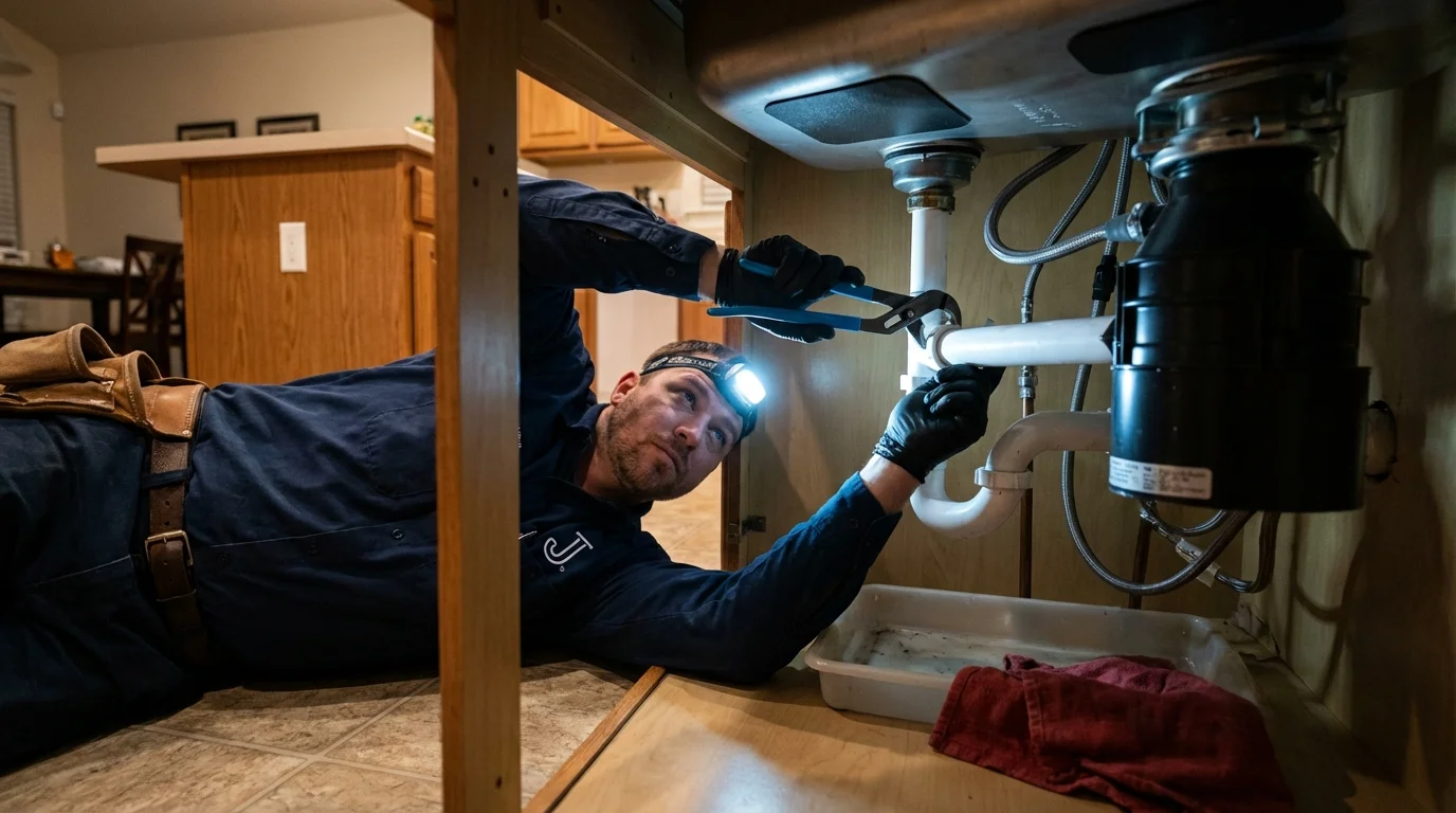 P-trap and supply line connections under a kitchen sink showing a common leak point in Trenton, MO